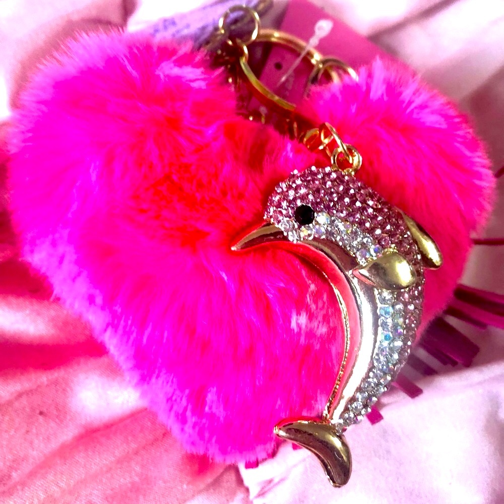 Sparkly Pink Bling Dolphin Keychain with Faux Fur Heart Pom-Big Fluffy Pompom